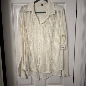 Free People Cream Sheer / Lacy Button-Up Blouse